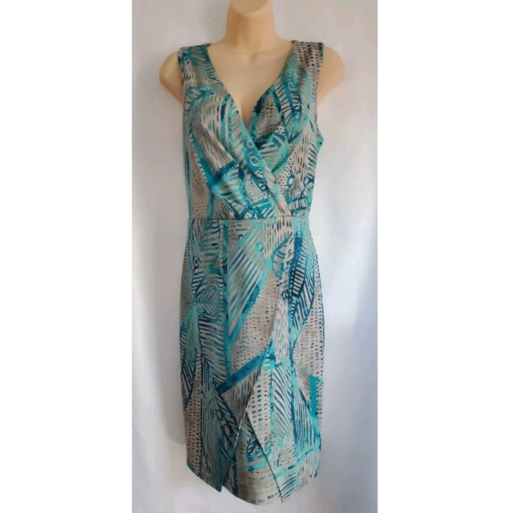 Womens ILe New York Tan Turquoise Stretch Dress Illusion Drape Skirt Size 6